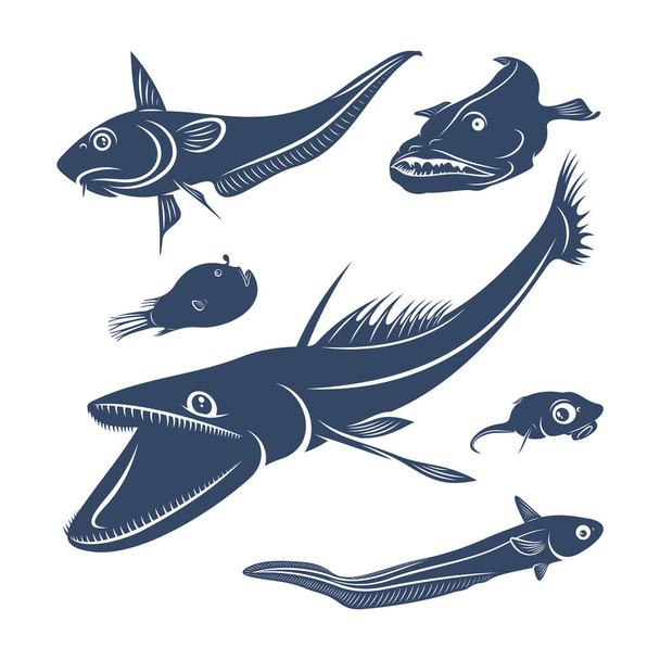 Набір глибоководних риб Векторні ілюстрації дизайну. Дизайн логотипу риб глибокого моря Шаблон. - Вектор, зображення