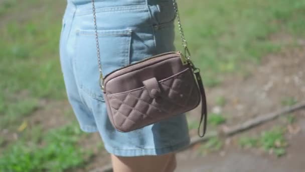 Felismerhetetlen nő sétál nyitott kis táska, ami könnyű zsákmány a tolvaj. - Felvétel, videó