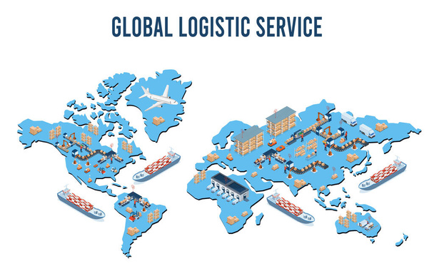 3D isometric Global logistics network concept with Transportation operation service, Supply Chain Management - SCM, Company Logistics Processes. Vector illustration EPS 10 - Vecteur, image