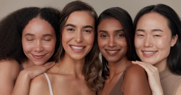 Natural beauty, skincare and diversity with women, dermatology and face isolated on studio background. Wellness, unique healthy skin and inclusion with cosmetic care, makeup shine and portrait. - Footage, Video