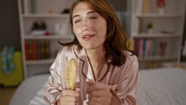 jonge vrouw zingen lied met behulp van borstel als een microfoon dansen in de slaapkamer - Video