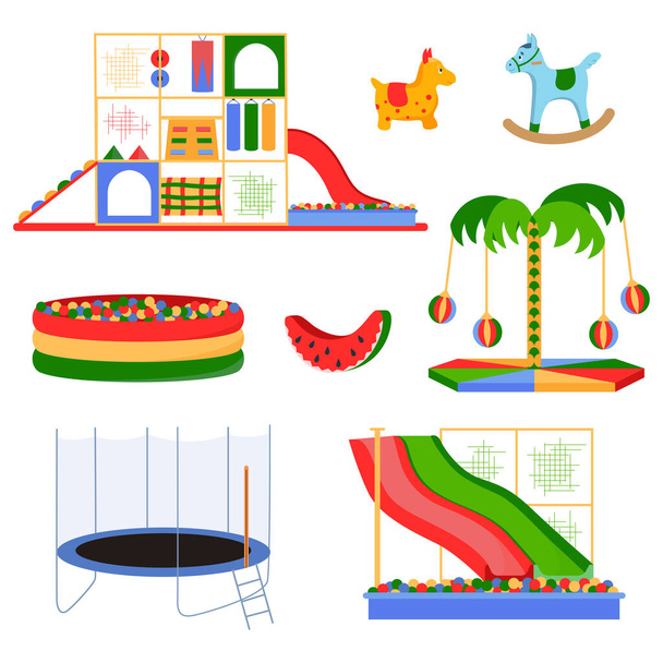Mall salle de jeux pour enfants set de piscine avec boules en plastique carrousels trampoline éléments isolés illustration vectorielle - Vecteur, image