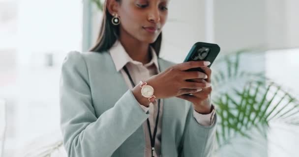 Business, smile or woman with smartphone, typing or connection with mobile app, social media or network. Person, employee or consultant with cellphone, email notification or professional with contact. - Footage, Video