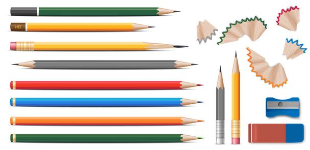 Barevné dřevěné tužky realistické set s gumou a ořezávátko na bílém pozadí izolované vektorové ilustrace - Vektor, obrázek