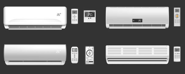 Realistinen joukko erilaisia moderneja ilmastointilaitteita kaukosäätimillä ja termostaateilla mustalla taustalla eristetty vektori kuva - Vektori, kuva