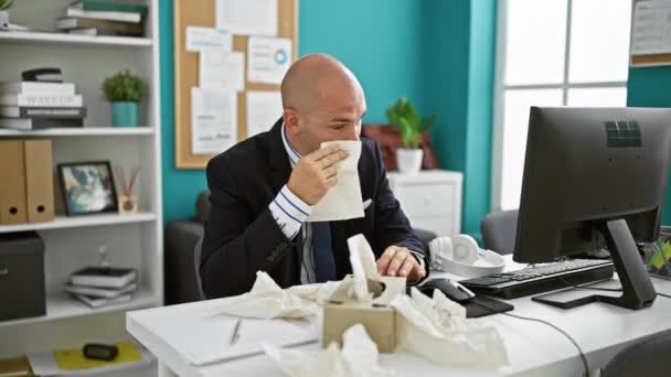Молодой латиноамериканец-бизнесмен плачет, слушая музыку в офисе - Кадры, видео