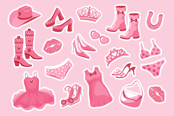 Barbiecore hercegnő matrica készlet. Rózsaszín divat készlet, kiegészítők és ruhák egy rózsaszín baba. Korona, ruha, cipő, cowboy kalap, csizma, táska, szemüveg. Vektor - Vektor, kép