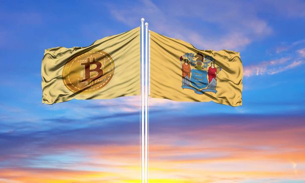 Біткоїн і Нью-Джерсі два прапори на флагштоках і блакитних скінах - Фото, зображення