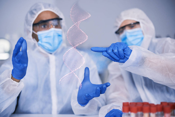 Bilim ekibi, DNA hologramı ve laboratuvar analizi güvenlik, sağlık ve tıbbi araştırma için eldiven ya da maske. Virüs biyolojisi, laboratuvar ve 3 boyutlu holografik örtüşmeler.. - Fotoğraf, Görsel