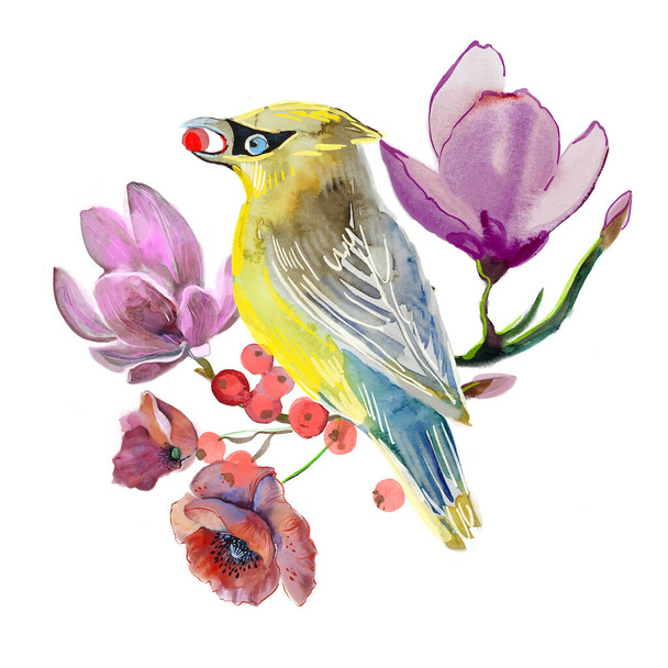 Птица и цветы. Ручная иллюстрация для дизайна. - Фото, изображение