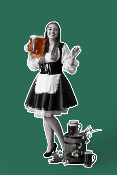 Beautiful Oktoberfest waitress with beer on green background - Photo, Image