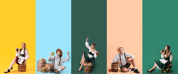 Kolaż ludzi w tradycyjnych niemieckich ubraniach z piwem i przekąskami na tle koloru - Zdjęcie, obraz