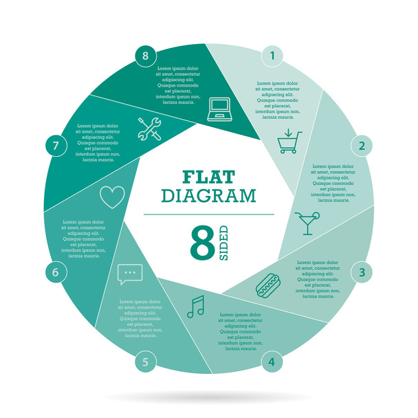 flache Verschlussdiagramm-Vorlage für Ihre Unternehmenspräsentation mit Textbereichen und Symbolen. Vektor-Infografik-Design. - Vektor, Bild