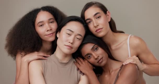 Diversity, beauty and women, portrait and cosmetics with wellness, dermatology and glow on studio background. Different skin, unique and inclusion with model group in a studio, skincare and face. - Footage, Video