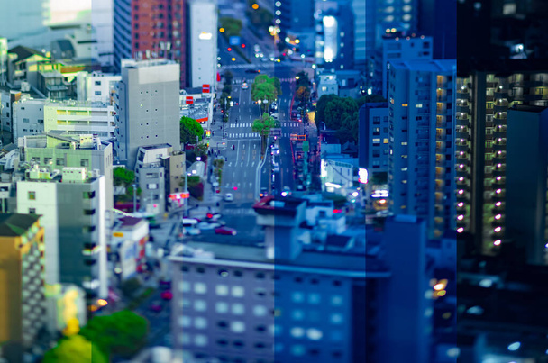 Fotografia em fatias da paisagem urbana pela vista de alto ângulo na rua urbana de Osaka. Foto de alta qualidade. Asahi distrito Osaka Japão 04.10.2023 Aqui está perto de Takarazuka ferrovia em Osaka.  - Foto, Imagem