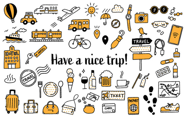 Einfaches und nettes handgezeichnetes Reiseillustrationsset (gelb)) - Vektor, Bild