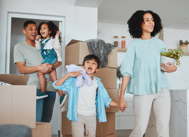 Happy kids, wow or excited parents in new home, real estate property investment or rental apartment. Surprise, shocked father or children walking or holding hands with mom in family house together. - Photo, Image