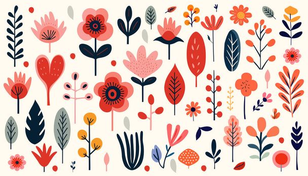 Handgezeichnete abstrakte Wildblumen, gesetzte Blumen und Blätter, flache Ikonen. Vektorillustration - Vektor, Bild