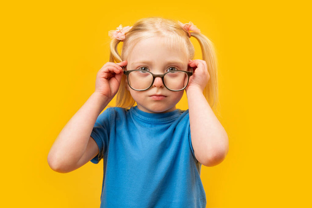 Muotokuva fiksu vakava pieni blondi tyttö, jolla on kaksi poninhäntää lasit. Esikoululaisen muotokuva silmälaseissa - Valokuva, kuva