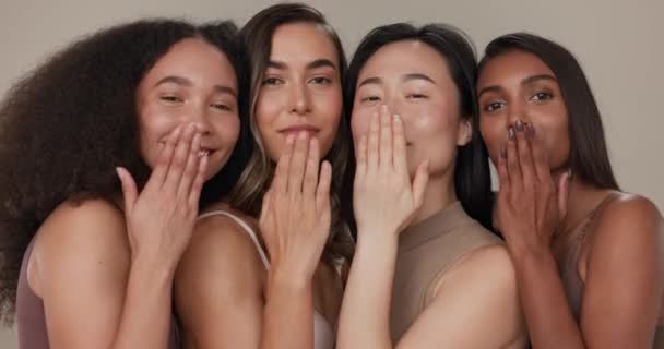 Beauty, women or friends blow kiss in studio for diversity, inclusion and wellness. Face of happy people on neutral background for different facial care, dermatology glow or makeup and cosmetics. - Footage, Video