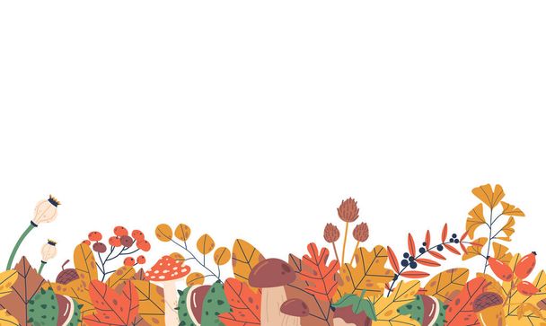 Seamless Pattern Adorned With Vibrant Autumn Plants And Leaves, Horizontal Border or Wallpaper, Capturing The Essence Of The Season Beauty And Adding Warmth To Any Design. Cartoon Vector Illustration - Vector, Image