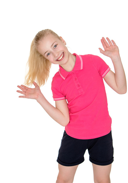 funny blond girl smiling at the camera fun arms outstretched - Foto, Bild