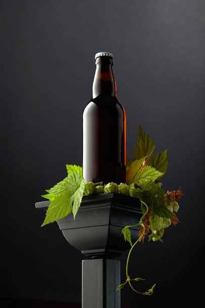 Bouteille de bière avec houblon vert et épis de blé sur un podium noir. - Photo, image
