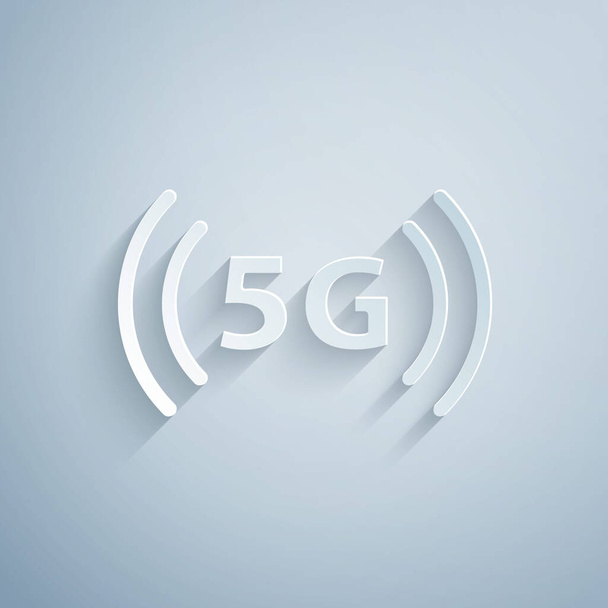 Carta tagliata 5G nuova icona di connessione internet wifi wireless isolato su sfondo grigio. Tecnologia globale di velocità di connessione ad alta velocità. Stile cartaceo. Vettore. - Vettoriali, immagini