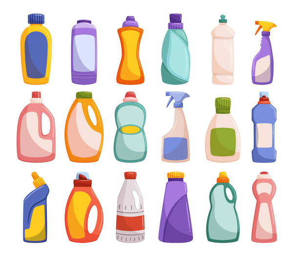 Zestaw butelek detergentów. Wygodny, ergonomiczny design z łatwym w użyciu wieczkiem zapewniającym wydajne dozowanie. Wyraźne wyświetlacze opakowania produktu do skutecznego i bezproblemowego czyszczenia. Ilustracja wektora kreskówek - Wektor, obraz