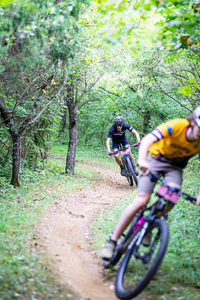 Lexington, Kentucky - August 27: Mountain bike cyclists speeding on curves of a forest trail - Photo, Image