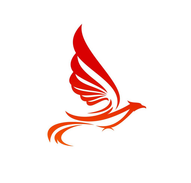 Phoenix, flying fiery bird icon. Magic bird, flaming animal or fantasy phoenix vector symbol. Idea, infinity, creativity and freedom spirit concept symbol, company emblem with red fairy firebird - Vector, Image