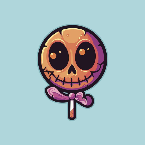 Lollipop de cráneo naranja con lazo de lazo púrpura - Vector, imagen