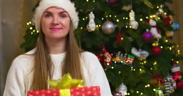 Nő télapó kalap ad karácsonyi ajándék doboz a kamera karácsonyfa háttér villogó fények koszorú. Boldog Új Évet, Boldog Karácsonyt. Kiváló minőségű 4k felvételek - Felvétel, videó