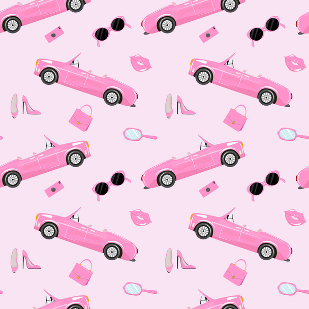 Розовый безпечатный узор с розовой подложкой, зеркалом, губами, обувью, солнцезащитными очками, мобильным телефоном, сумкой на розовом фоне. . - Вектор,изображение