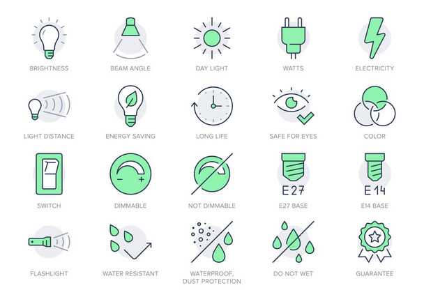 Lamp properties line icons. Vector illustration include icon - brightness, beam angle, electric plug, lumen, flashlight, dimmer outline pictogram for light bulb. Green Color, Editable Stroke. - Vector, Image