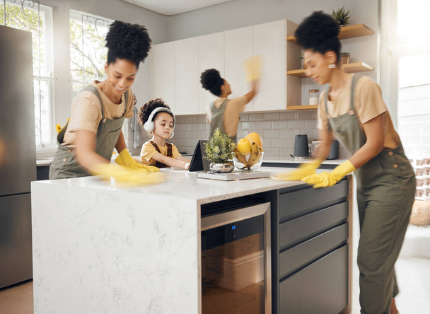 Mom, cleaning kitchen or multitasking with boy child, listening to music, headphones or e learning tablet in family home. Mother or kid for hygiene, cloth or ppe for bacteria, dust or dirt composite. - Foto, Imagem