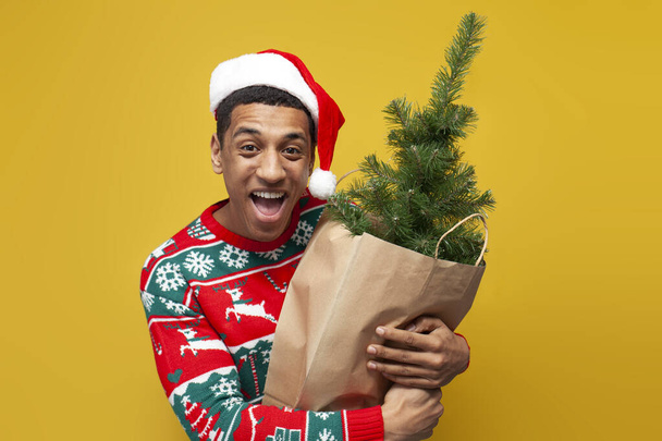 Afrikanisch-amerikanischer Typ in Weihnachtskleidung und Weihnachtsmütze hält Weihnachtsbaum in Tasche auf gelbem Hintergrund, Mann im Pullover kauft Dekorationen für das neue Jahr - Foto, Bild