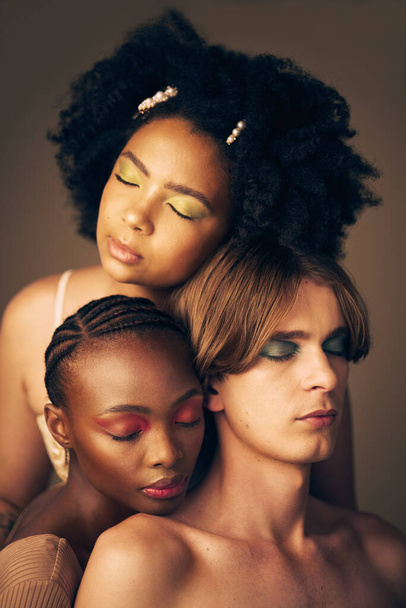 Diversity, beauty and skin, makeup and people, dermatology and inclusion isolated on studio background. Gen z, young women and man with face, equality and cosmetics with skincare and wellness. - Foto, Bild