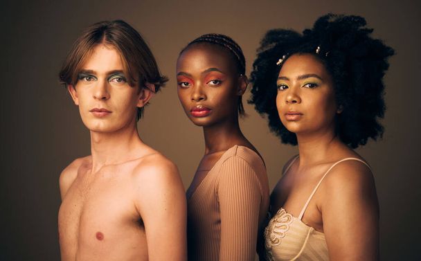 Diversity, beauty and skin, portrait and people, dermatology and inclusion isolated on studio background. Gen z, young women and man with face, equality and cosmetics with skincare and wellness. - Foto, Bild
