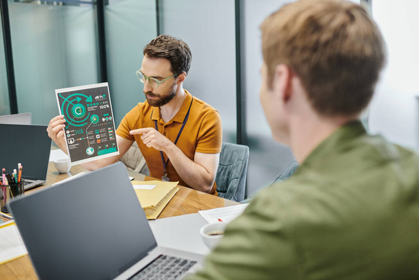 homme d'affaires barbu pointant vers l'infographie près des ordinateurs portables et collègue flou dans le bureau moderne - Photo, image