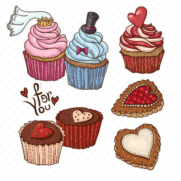 Doodle set elements with Cookies and Cupcakes - Vector, Image