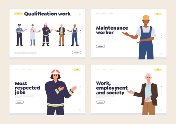 Erilliset aloitussivun suunnittelumallit, joissa on pätevyystyö, arvostettu työ ja nuorten vanhusten ammattiura. Sosiaali- ja pelastustoimintaa tarjoava verkkopalvelu - Vektori, kuva