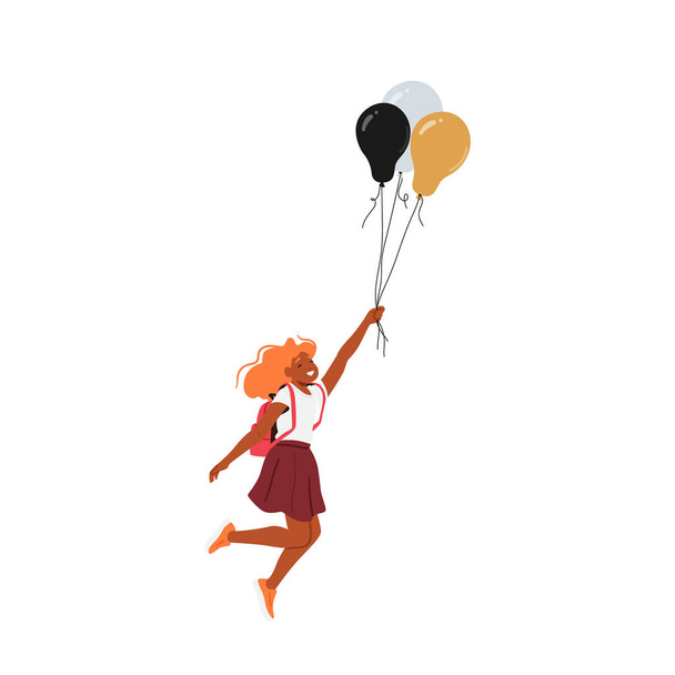 Radosna uczennica wznosi się przez niebo, ściskając wibrujące balony. Wzruszająca scena, która uchwyci przygodę z niewinnością i cudownym dzieciństwem. Ilustracja wektor ludzi z kreskówek - Wektor, obraz