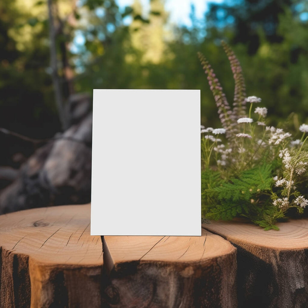 Tarjeta blanca en una losa de madera, al aire libre, estado de ánimo, maqueta, fresco, - Foto, Imagen