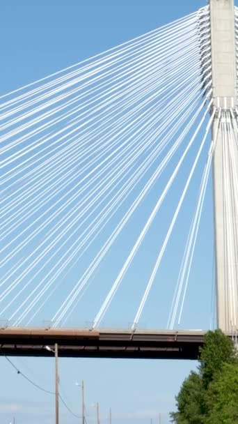 ポート・マン橋。カナダのフレイザー川の上にBC美しい白いケーブルの下からの橋の興味深い珍しい映像は、サイフォン上の強力な橋の緑の木鉄道地球をサポートしています - 映像、動画