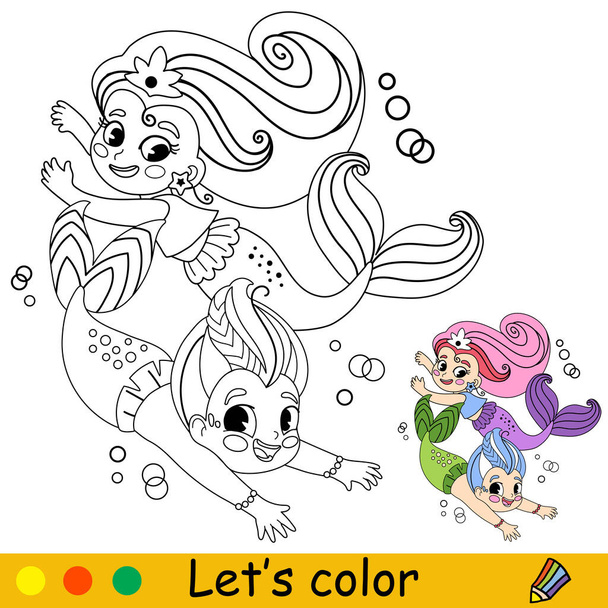 Mignon et heureux petit garçon et fille sirène jumeaux. Illustration vectorielle en noir et blanc. Coloriage pour enfants avec un échantillon de couleur. Pour l'impression, la conception, l'affiche, l'autocollant, la décoration, la conception de t-shirt - Vecteur, image