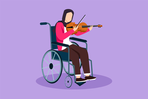 Charakter płaski rysunek niepełnosprawność i muzyka. Piękna Arabka na wózku gra na skrzypcach. Fizycznie upośledzony. Osoba w szpitalu. Pacjent ośrodka rehabilitacyjnego. Ilustracja wektora projektu kreskówki - Wektor, obraz