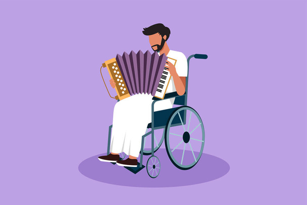 Graficzny płaski projekt rysunek niepełnosprawnego araba na wózku inwalidzkim grającego na akordeonie. Fizycznie upośledzony. Osoba w szpitalu. Pacjent ośrodka rehabilitacyjnego. Ilustracja wektor stylu kreskówki - Wektor, obraz