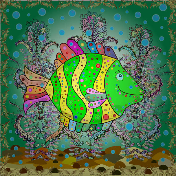 Бесшовный красочный фон. Красочный симпатичный фактурный узор рыбы. Фиш на зеленом, синем и нейтральном колорде. Векторная иллюстрация. - Вектор,изображение