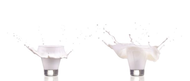 Glass with milk splash isolated on white - Zdjęcie, obraz